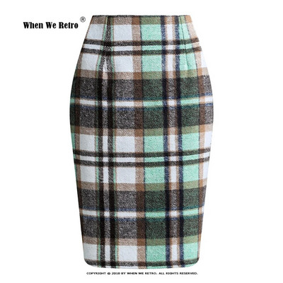 Uus roheline ruuduline villane ümbrisseelik kõrge vöökohaga Bodycon Vintage kontoripliiats seelik naistele selja tõmblukuga lõhikuga Midi seelik VD3594