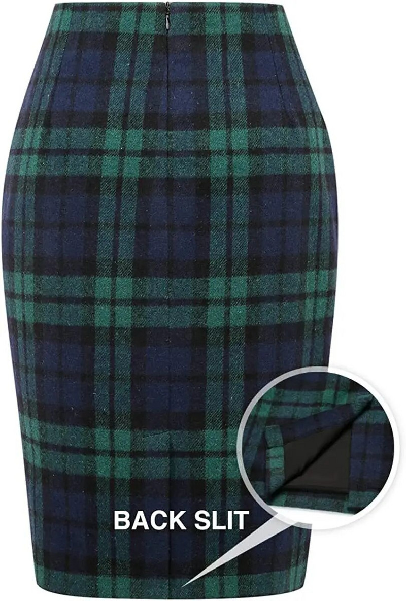 Uus roheline ruuduline villane ümbrisseelik kõrge vöökohaga Bodycon Vintage kontoripliiats seelik naistele selja tõmblukuga lõhikuga Midi seelik VD3594