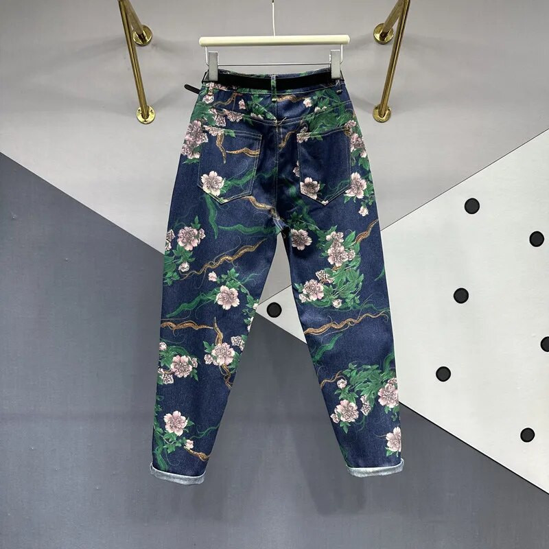 Krepšiniai tamsiai mėlyni džinsai, moteriški 2023 m. Vasaros nauji vintažiniai džinsai su aukštu juosmeniu su gėlėmis marginti iki kulkšnies siekiančios haremo kelnės, moteriškos mamos džinsai