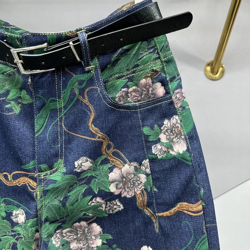 Krepšiniai tamsiai mėlyni džinsai, moteriški 2023 m. Vasaros nauji vintažiniai džinsai su aukštu juosmeniu su gėlėmis marginti iki kulkšnies siekiančios haremo kelnės, moteriškos mamos džinsai