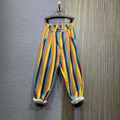 Elegantsed trendikad triibulised teksad Naiste kontori naiste lahtised uued mitmekülgsed teksariidest pikad püksid naiste sügisvikerkaaremood vabaaja püksid