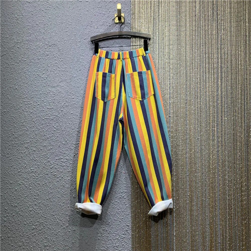 Elegantsed trendikad triibulised teksad Naiste kontori naiste lahtised uued mitmekülgsed teksariidest pikad püksid naiste sügisvikerkaaremood vabaaja püksid