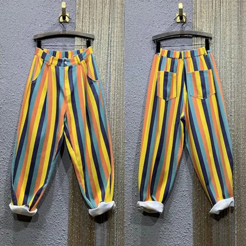 Elegantsed trendikad triibulised teksad Naiste kontori naiste lahtised uued mitmekülgsed teksariidest pikad püksid naiste sügisvikerkaaremood vabaaja püksid