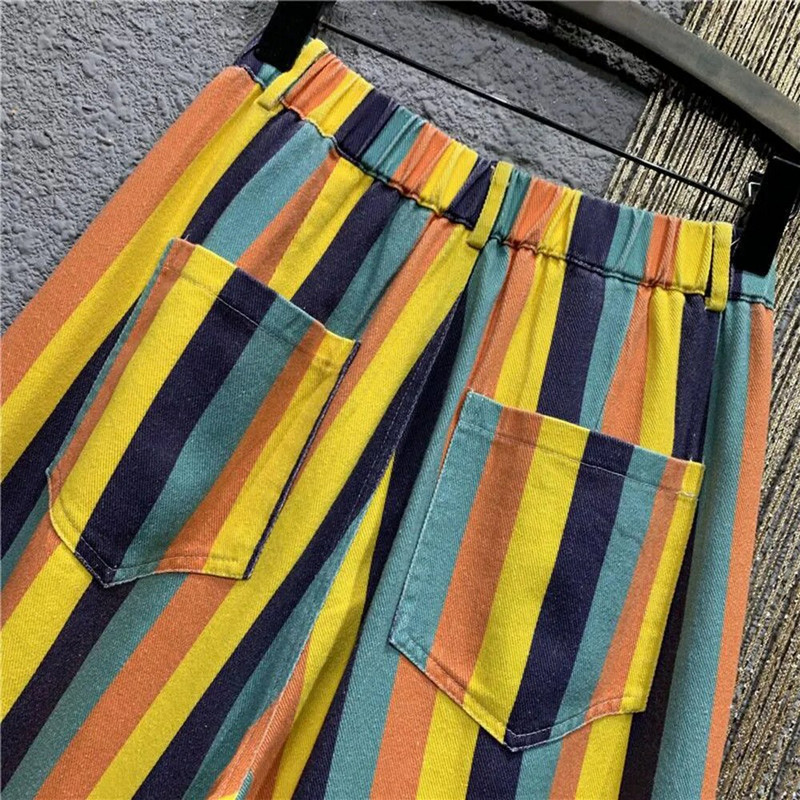 Elegantsed trendikad triibulised teksad Naiste kontori naiste lahtised uued mitmekülgsed teksariidest pikad püksid naiste sügisvikerkaaremood vabaaja püksid