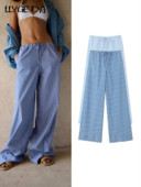 Madingos plačios kelnės dryžuotos moteriškos suvarstomos aukštu juosmeniu, laisvalaikio laisvos moteriškos kelnės, vasarinės moteriškos kelnės, 2023 m.