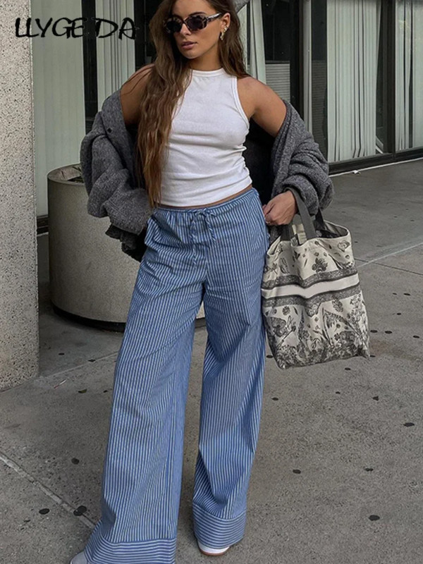 Madingos plačios kelnės dryžuotos moteriškos suvarstomos aukštu juosmeniu, laisvalaikio laisvos moteriškos kelnės, vasarinės moteriškos kelnės, 2023 m.