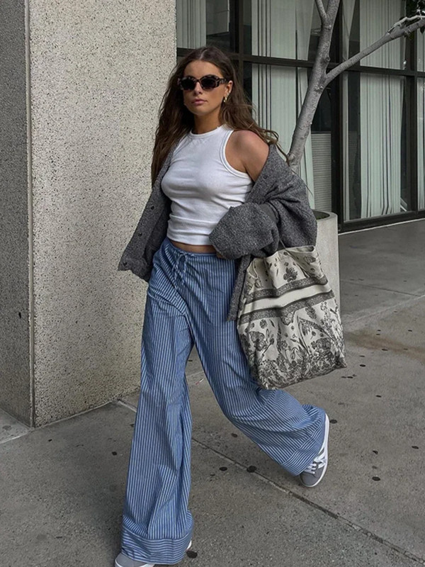 Madingos plačios kelnės dryžuotos moteriškos suvarstomos aukštu juosmeniu, laisvalaikio laisvos moteriškos kelnės, vasarinės moteriškos kelnės, 2023 m.