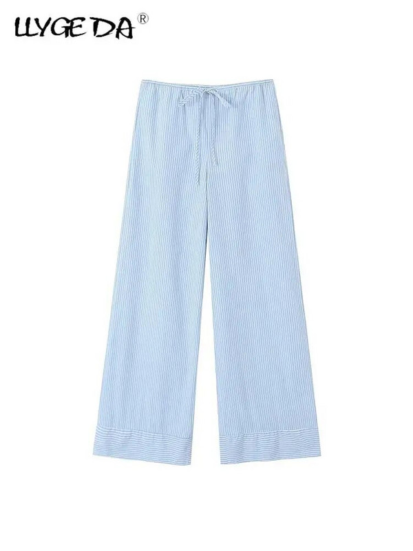 Madingos plačios kelnės dryžuotos moteriškos suvarstomos aukštu juosmeniu, laisvalaikio laisvos moteriškos kelnės, vasarinės moteriškos kelnės, 2023 m.