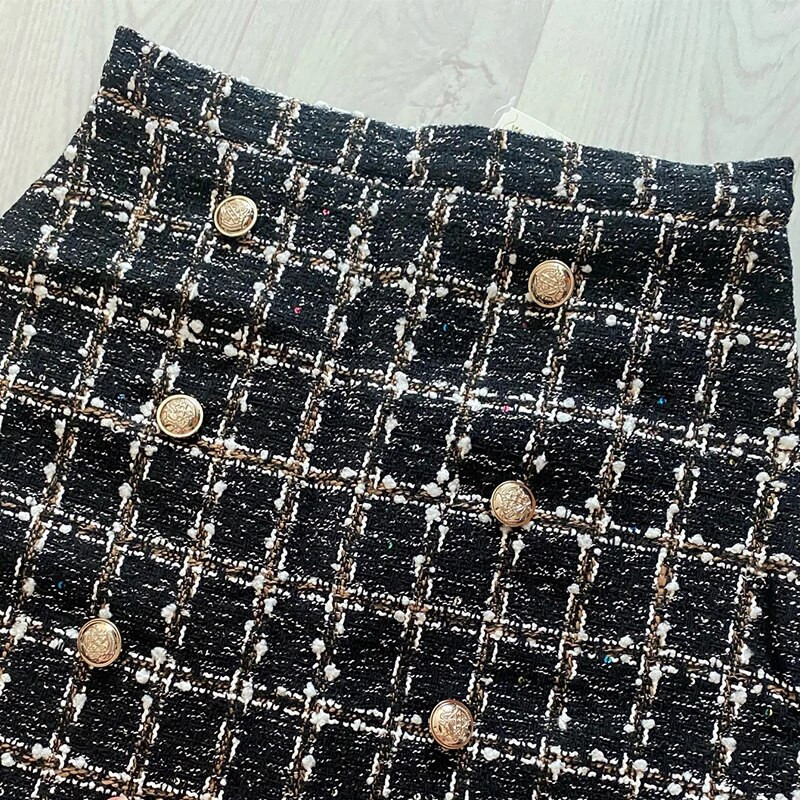 Naiste tviidseelik eesmise kuldnööbiga tekstuuriga kõrge vöökohaga sädelev miniseelik sügistalvine klassikaline komplekt