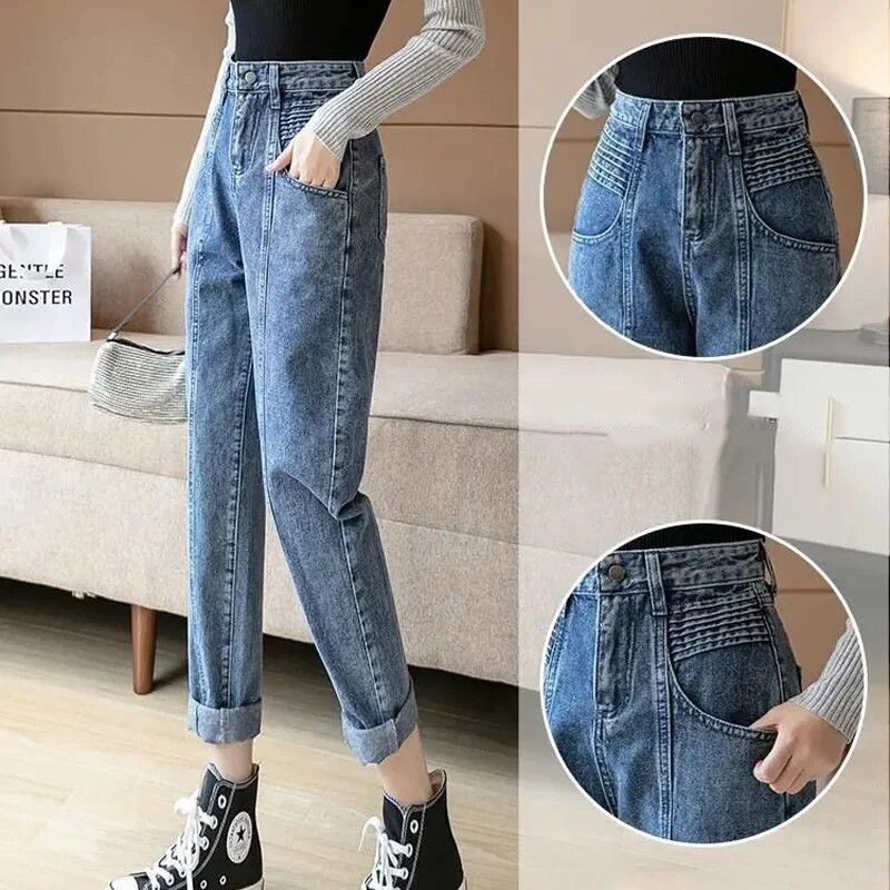 Naiste kõrge vöökohaga teksad, 2022. aasta moodsad pahkluu pikkusega haaremiteksad Tänavarõivad, pesu lahtised teksapüksid, naiste kauboi sirged püksid