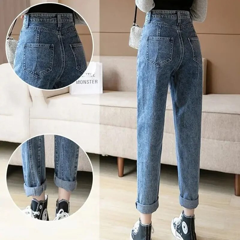 Naiste kõrge vöökohaga teksad, 2022. aasta moodsad pahkluu pikkusega haaremiteksad Tänavarõivad, pesu lahtised teksapüksid, naiste kauboi sirged püksid