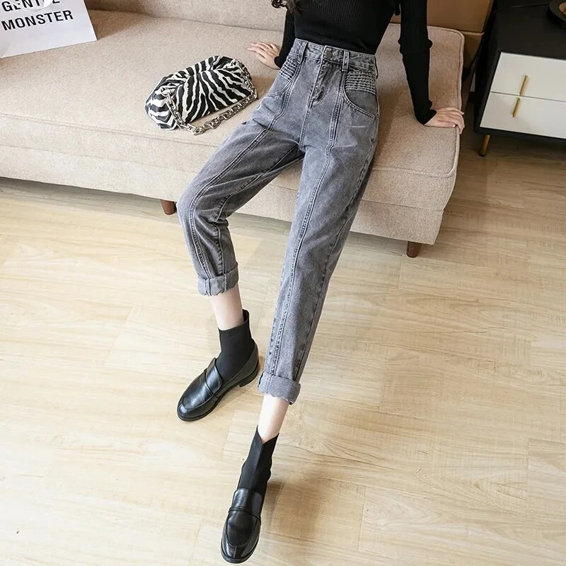 Naiste kõrge vöökohaga teksad, 2022. aasta moodsad pahkluu pikkusega haaremiteksad Tänavarõivad, pesu lahtised teksapüksid, naiste kauboi sirged püksid