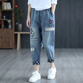 Džinsai Pavasaris Vasara Nauji Literatūriniai Retro sandūriniai siuvinėjimai Sukarpytos kelnės Moteriškos laisvos elastinės juosmens Harlan džinsinės kelnės moteriškos