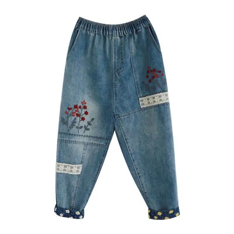 Džinsai Pavasaris Vasara Nauji Literatūriniai Retro sandūriniai siuvinėjimai Sukarpytos kelnės Moteriškos laisvos elastinės juosmens Harlan džinsinės kelnės moteriškos