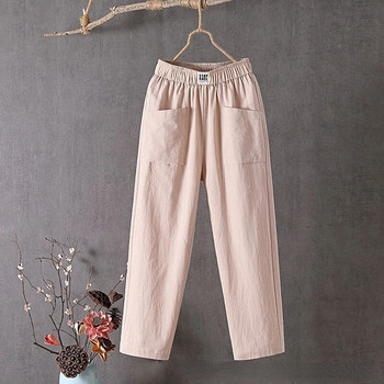 Летни ежедневни памучни ленени харем панталони Дамски големи размери Свободни еластични панталони с висока талия с дължина до глезена Едноцветни дамски панталони с джоб