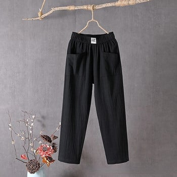 Летни ежедневни памучни ленени харем панталони Дамски големи размери Свободни еластични панталони с висока талия с дължина до глезена Едноцветни дамски панталони с джоб