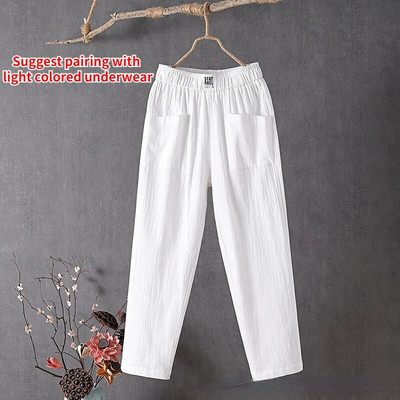 Καλοκαιρινό καθημερινό βαμβακερό λινό παντελόνι Harem Γυναικείο μεγάλο μέγεθος Φαρδύ ψηλόμεσο ελαστικό παντελόνι μέχρι τον αστράγαλο Solid γυναικείο παντελόνι τσέπης