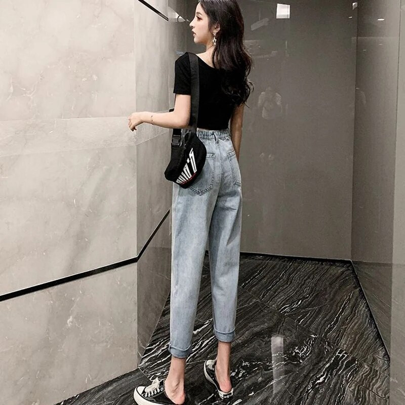 Šviesios spalvos pavasario vasaros skylė Plonos „Harlan“ kelnės korėjietiškos aukšto juosmens laisvos tiesios kelnės 2023 m. madingos gatvės aprangos moteriškos kelnės