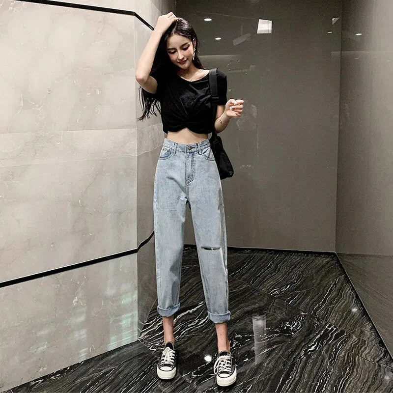 Šviesios spalvos pavasario vasaros skylė Plonos „Harlan“ kelnės korėjietiškos aukšto juosmens laisvos tiesios kelnės 2023 m. madingos gatvės aprangos moteriškos kelnės