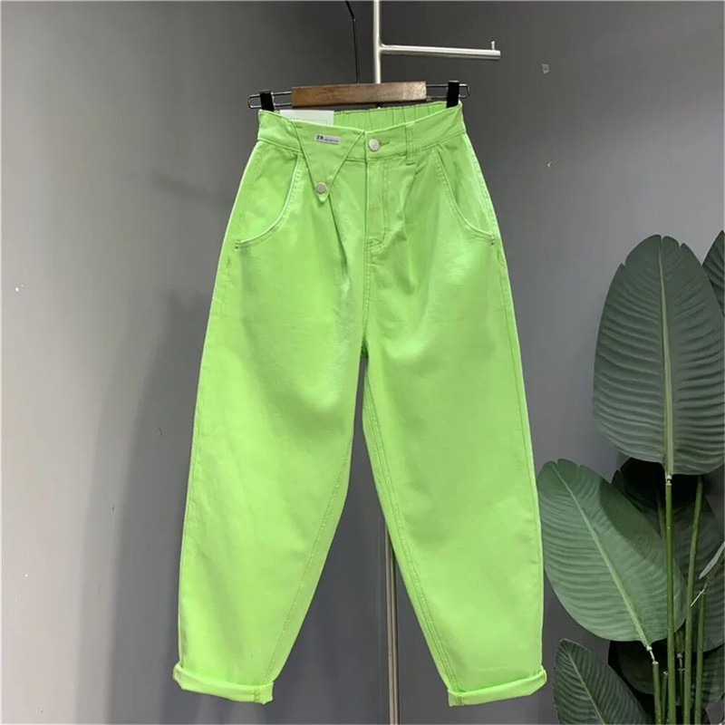 Įprastos mielos spalvos aukštu liemeniu aptempti džinsai, moteriški spyruokliniai kišeniniai, laisvi kulkšnies surištos hareminės džinsinės kelnės, 2023 m. korėjietiška hiphopo gatvės apranga