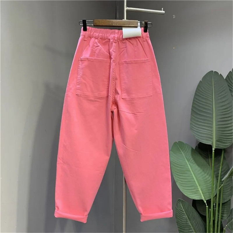 Įprastos mielos spalvos aukštu liemeniu aptempti džinsai, moteriški spyruokliniai kišeniniai, laisvi kulkšnies surištos hareminės džinsinės kelnės, 2023 m. korėjietiška hiphopo gatvės apranga