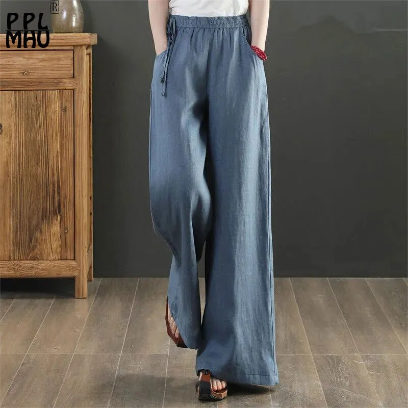 2023. aasta puuvillased linasest laia säärega püksid, 4xl suured püksid, naiste suvine elastne vöökoht, vabaaja pahkluuni ulatuv Pantalones kottis dressipüksid