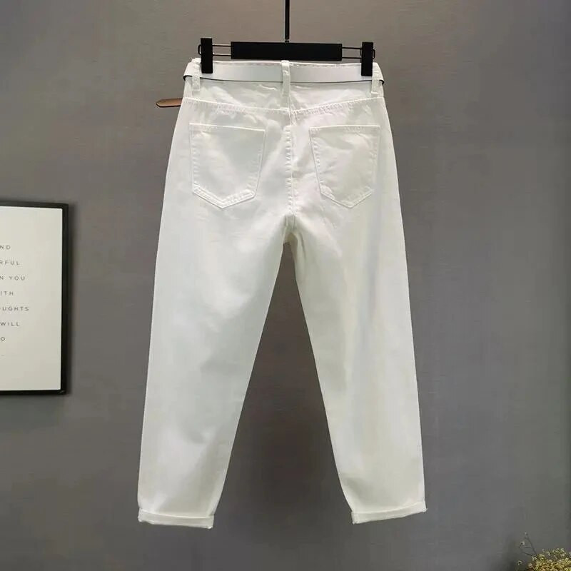 Naiste valged teksad Black Hole teksad Suvised kõrge vöökohaga tänavarõivad Harajuku sirged teksapüksid vabaaja pahkluuni ulatuvad püksid