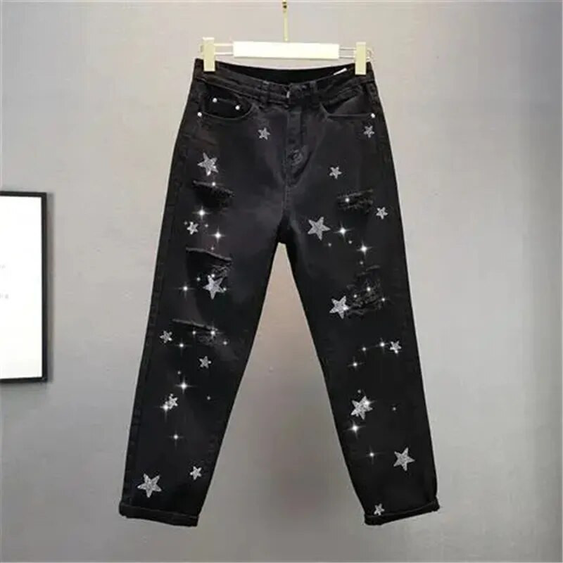 Naiste valged teksad Black Hole teksad Suvised kõrge vöökohaga tänavarõivad Harajuku sirged teksapüksid vabaaja pahkluuni ulatuvad püksid