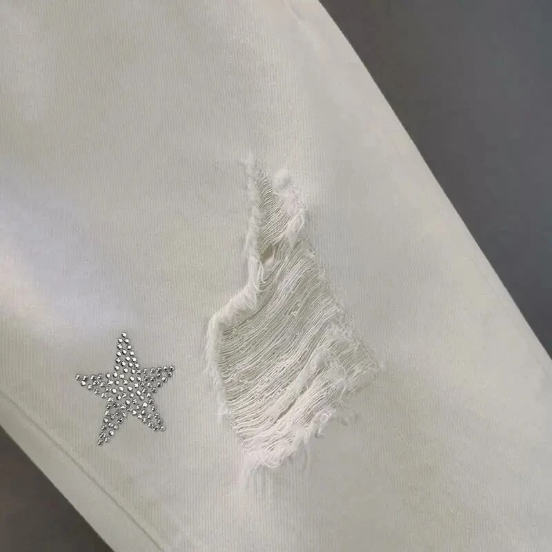 Naiste valged teksad Black Hole teksad Suvised kõrge vöökohaga tänavarõivad Harajuku sirged teksapüksid vabaaja pahkluuni ulatuvad püksid