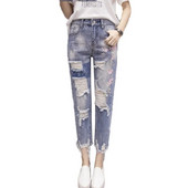 Suvised naised Hole Teksad Denimpüksid Kevadised kõrge vöökohaga lahtised sirged teksad Naiste pahkluuni ulatuvad haaremipüksid Naiste teksad Y328