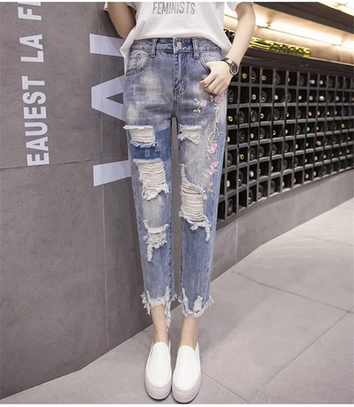 Suvised naised Hole Teksad Denimpüksid Kevadised kõrge vöökohaga lahtised sirged teksad Naiste pahkluuni ulatuvad haaremipüksid Naiste teksad Y328