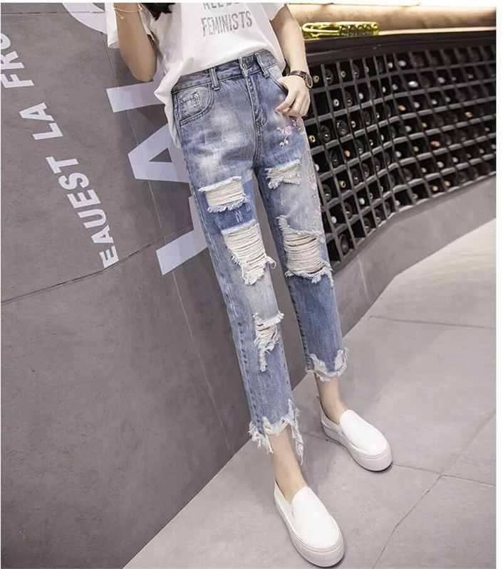 Suvised naised Hole Teksad Denimpüksid Kevadised kõrge vöökohaga lahtised sirged teksad Naiste pahkluuni ulatuvad haaremipüksid Naiste teksad Y328