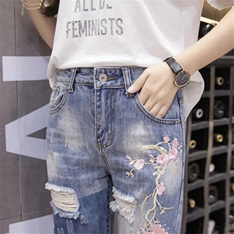 Suvised naised Hole Teksad Denimpüksid Kevadised kõrge vöökohaga lahtised sirged teksad Naiste pahkluuni ulatuvad haaremipüksid Naiste teksad Y328