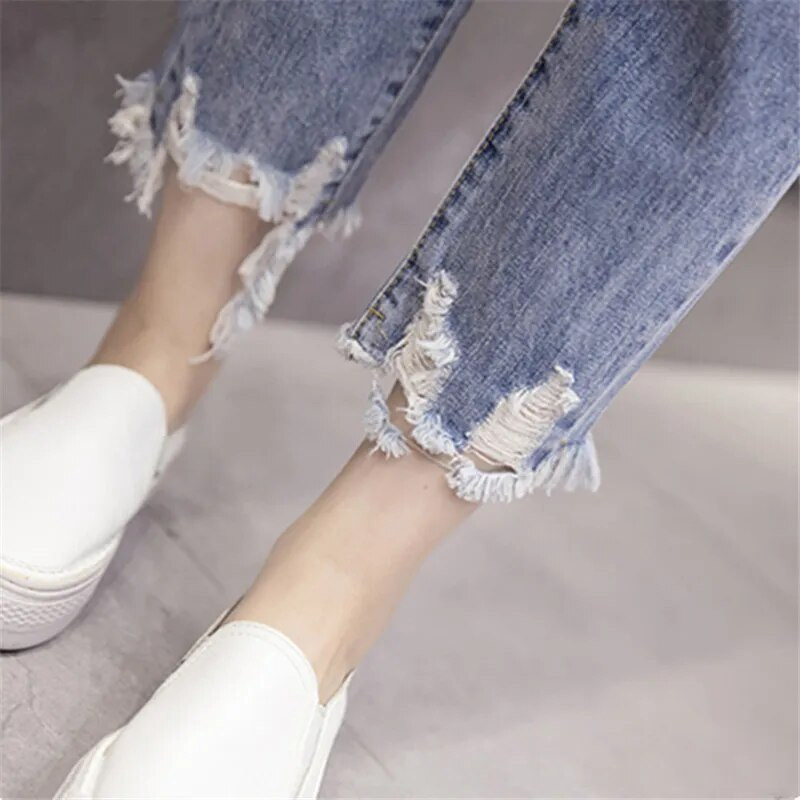 Suvised naised Hole Teksad Denimpüksid Kevadised kõrge vöökohaga lahtised sirged teksad Naiste pahkluuni ulatuvad haaremipüksid Naiste teksad Y328