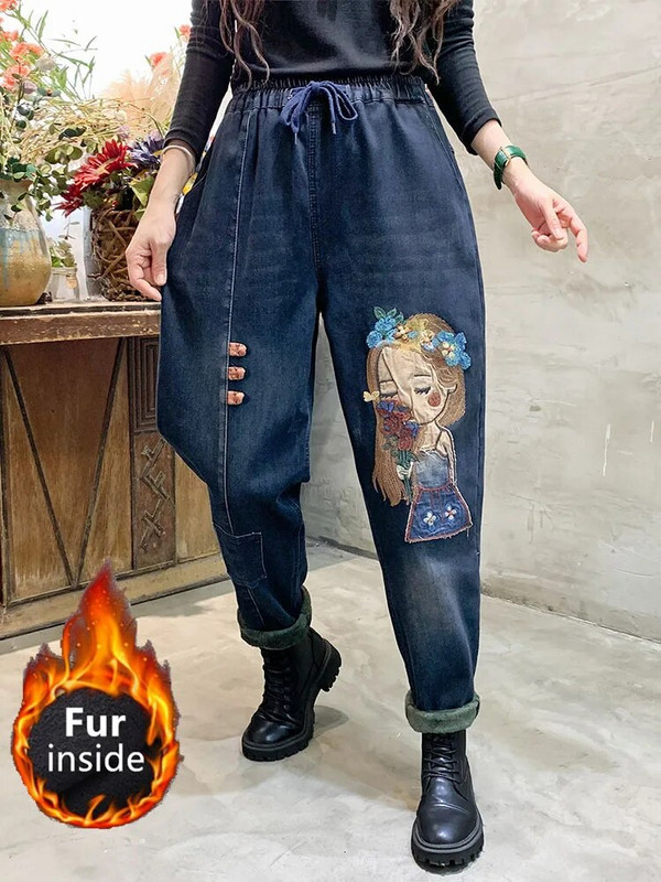 Max LuLu 2022 m. madingos šiltos džinsinės kelnės, moteriškos žieminės laisvos vintažinės siuvinėjimo kailinės džinsai, moteriškos laisvalaikio animacinių filmų punk haremo kelnės