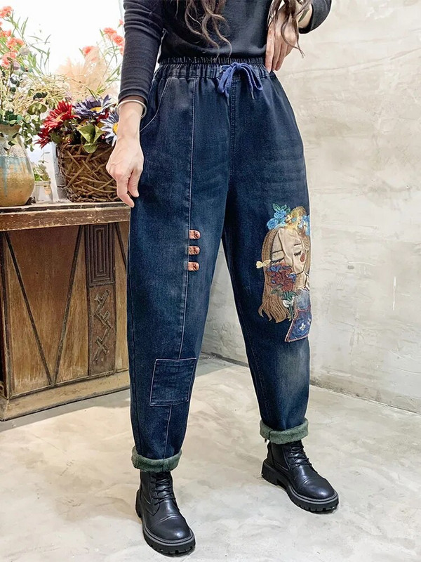 Max LuLu 2022 m. madingos šiltos džinsinės kelnės, moteriškos žieminės laisvos vintažinės siuvinėjimo kailinės džinsai, moteriškos laisvalaikio animacinių filmų punk haremo kelnės