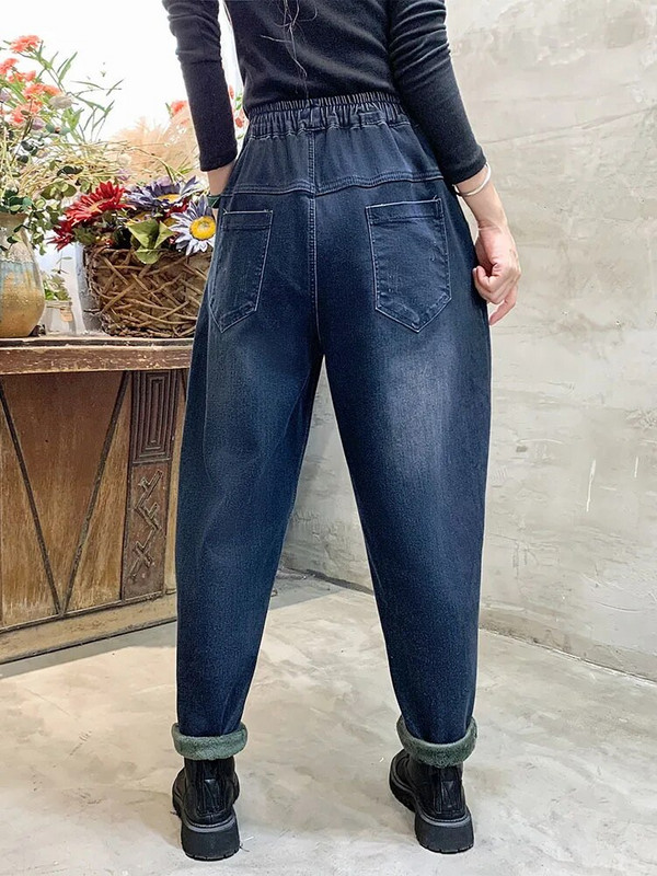 Max LuLu 2022 m. madingos šiltos džinsinės kelnės, moteriškos žieminės laisvos vintažinės siuvinėjimo kailinės džinsai, moteriškos laisvalaikio animacinių filmų punk haremo kelnės