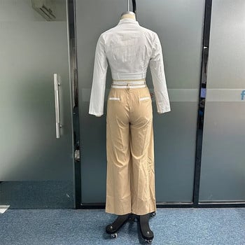 Дамски комплект от две части Модни плътни комплекти панталони с дълъг ръкав и V-образно деколте с едно копче, свободен топ с джобове