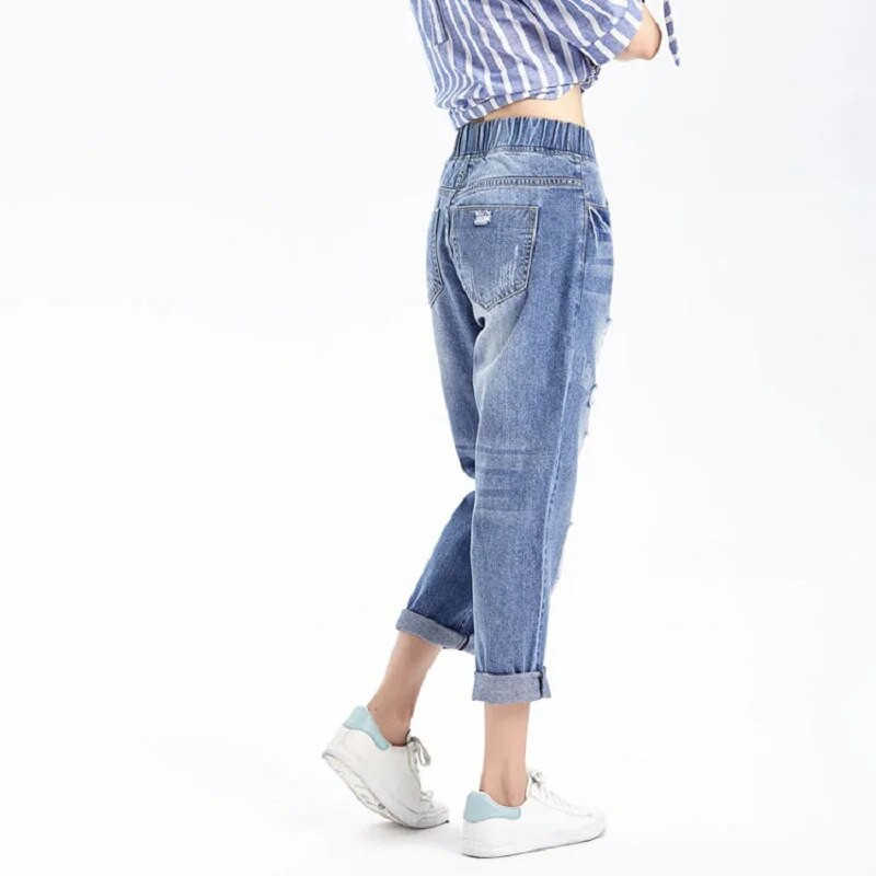 Oversize 7XL 8XL Proljeće Jesen Ženske traperice s elastičnim strukom Poderane široke traper hlače Ležerne isprane traper hlače Harem hlače