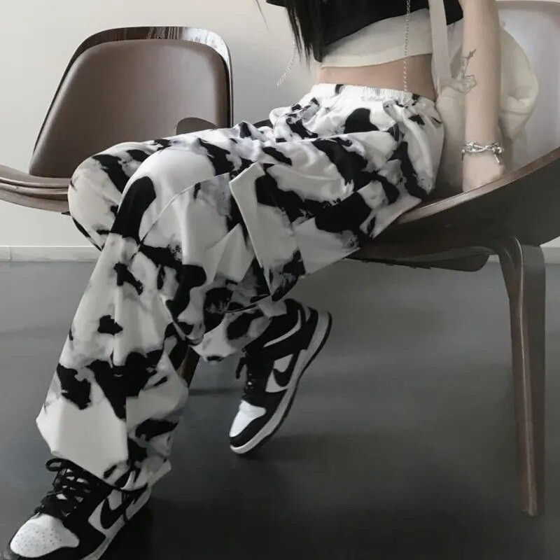 Kaubapüksid Lips Värv Harajuku Tänavarõivad Laia säärega Naised Kõrge vöökohaga püksid Punk Oversize Esteetiline Korea mood y2k riided