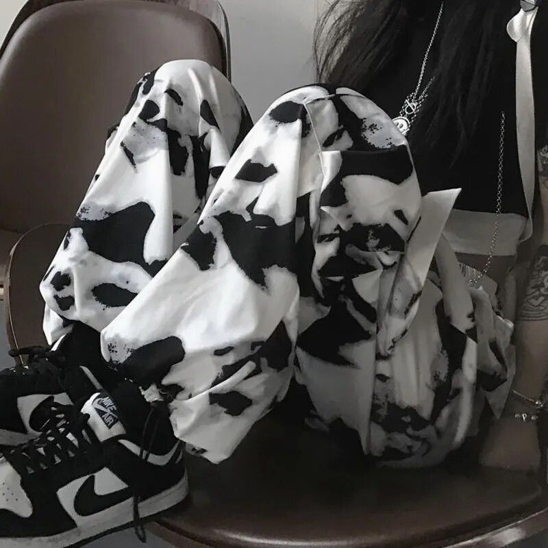 Kaubapüksid Lips Värv Harajuku Tänavarõivad Laia säärega Naised Kõrge vöökohaga püksid Punk Oversize Esteetiline Korea mood y2k riided