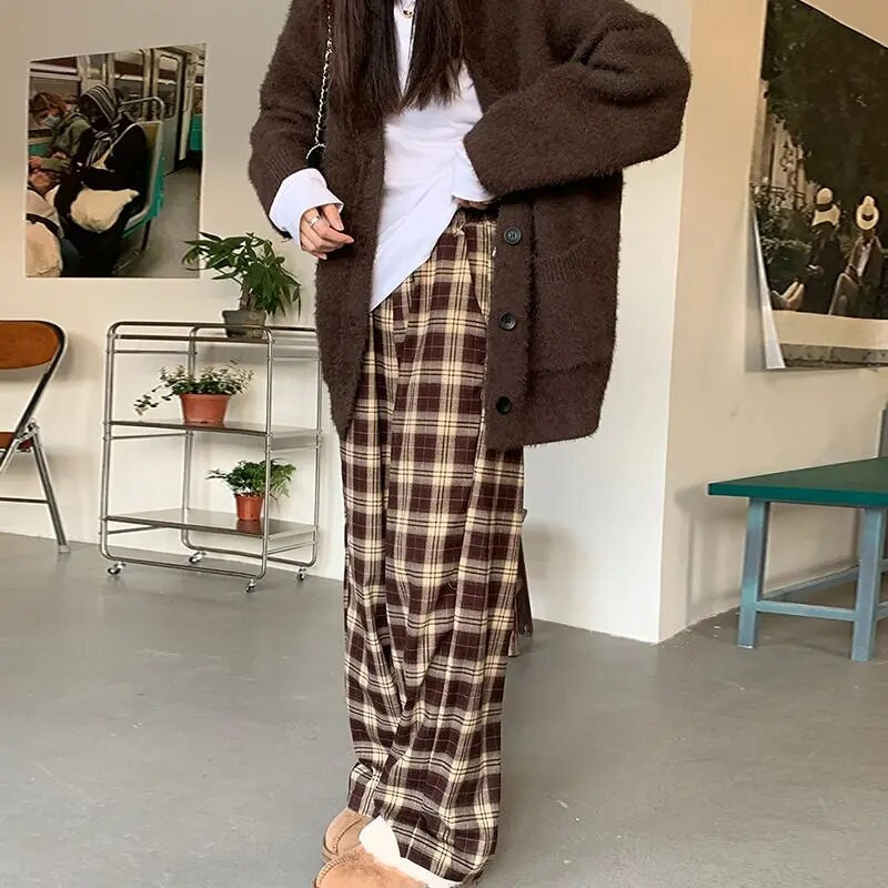 JMPRS Harajuku crno-bijele karirane hlače Ženske ljetne ležerne hlače širokih nogavica Korejske modne široke ravne hlače Y2k donji dio