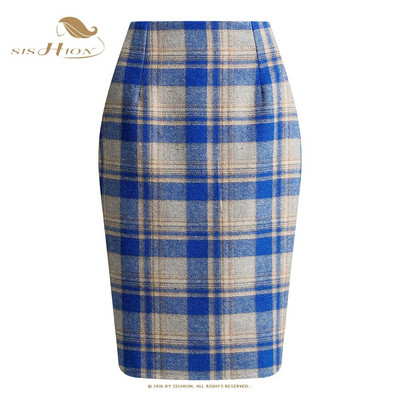 SISHION Φθινοπωρινό Χειμώνας Καφέ Κόκκινο Πράσινο Λεπτό Bodycon καρό φούστες για γυναίκες VD3594 Μάλλινη ψηλόμεση Σέξι Γυναικεία Pencil Φούστα