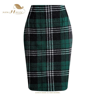 SISHION Φθινοπωρινό Χειμώνας Καφέ Κόκκινο Πράσινο Λεπτό Bodycon καρό φούστες για γυναίκες VD3594 Μάλλινη ψηλόμεση Σέξι Γυναικεία Pencil Φούστα