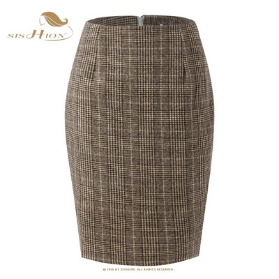 SISHION Φθινοπωρινό Χειμώνας Καφέ Κόκκινο Πράσινο Λεπτό Bodycon καρό φούστες για γυναίκες VD3594 Μάλλινη ψηλόμεση Σέξι Γυναικεία Pencil Φούστα