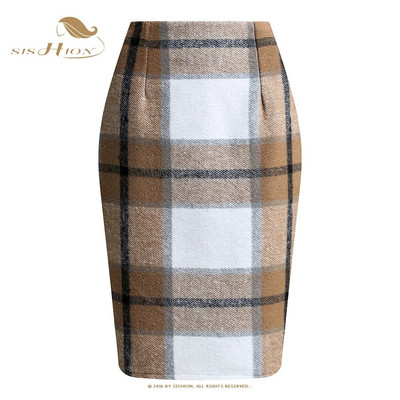 SISHION Φθινοπωρινό Χειμώνας Καφέ Κόκκινο Πράσινο Λεπτό Bodycon καρό φούστες για γυναίκες VD3594 Μάλλινη ψηλόμεση Σέξι Γυναικεία Pencil Φούστα