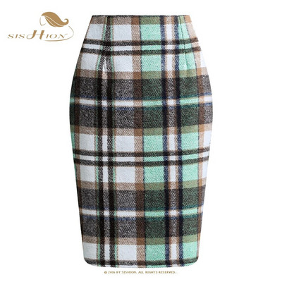 SISHION Φθινοπωρινό Χειμώνας Καφέ Κόκκινο Πράσινο Λεπτό Bodycon καρό φούστες για γυναίκες VD3594 Μάλλινη ψηλόμεση Σέξι Γυναικεία Pencil Φούστα