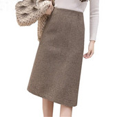 Sügis-talv soe villane Houndstooth kõrge vöökohaga pliiats Midi seelik õhuke põlvepikkus seljaosa poolitatud tööseelik Plus suurus S-XXL