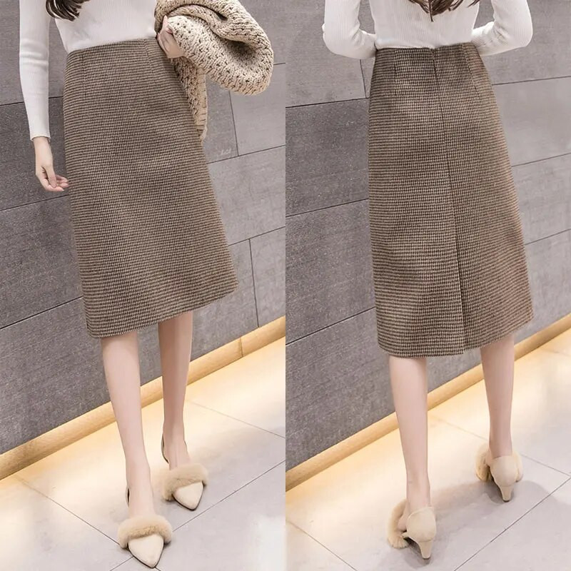 Sügis-talv soe villane Houndstooth kõrge vöökohaga pliiats Midi seelik õhuke põlvepikkus seljaosa poolitatud tööseelik Plus suurus S-XXL