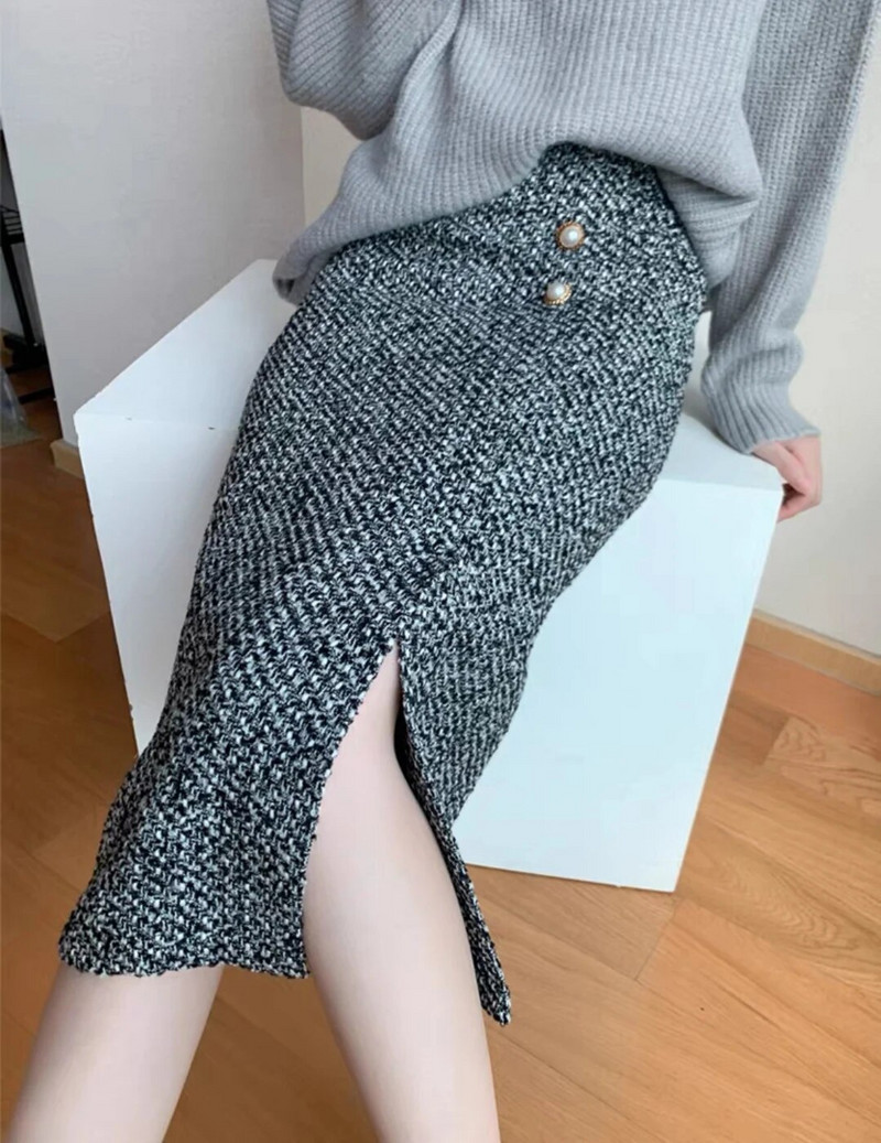 Midi-tviidseelik nööpidega, kõrge vöökohaga külglõhega klassikalised pliiatsseelikud naiste komplekt